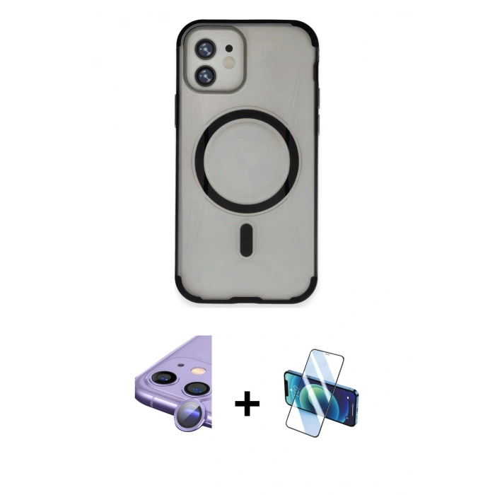 MARSİLYAN™- iPhone 11 Kılıf Eksen Klasik Koleksiyonu - Siyah 3D Antistatik Seramik Nano Ekran Koruyucu + Raze Metal Kamera Lens - MR