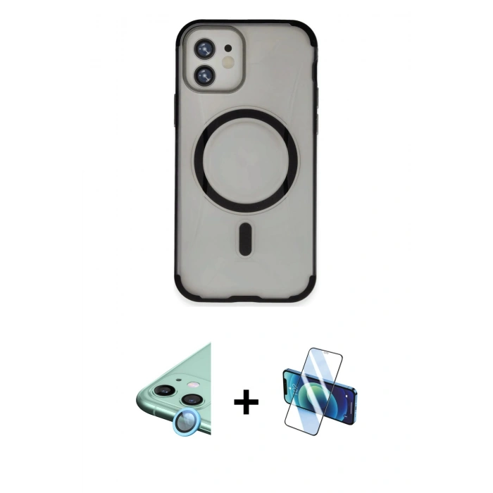 MARSİLYAN™- iPhone 11 Kılıf Eksen Klasik Koleksiyonu - Siyah 3D Antistatik Seramik Nano Ekran Koruyucu + Raze Metal Kamera Lens - MI