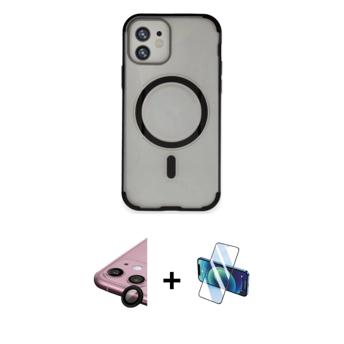 MARSİLYAN™- iPhone 11 Kılıf Eksen Klasik Koleksiyonu - Siyah 3D Antistatik Seramik Nano Ekran Koruyucu + Raze Metal Kamera Lens - SH