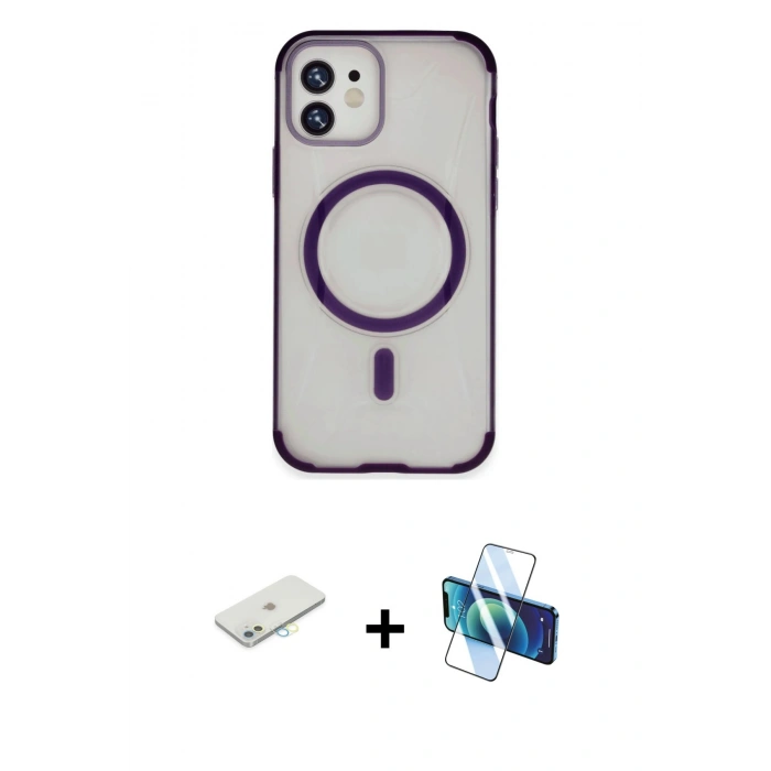 MARSİLYAN™- iPhone 11 Kılıf Eksen Klasik Koleksiyonu - Siyah 3D Antistatik Seramik Nano Ekran Koruyucu + Renkli Kamera Lens Koruma Cam - SI