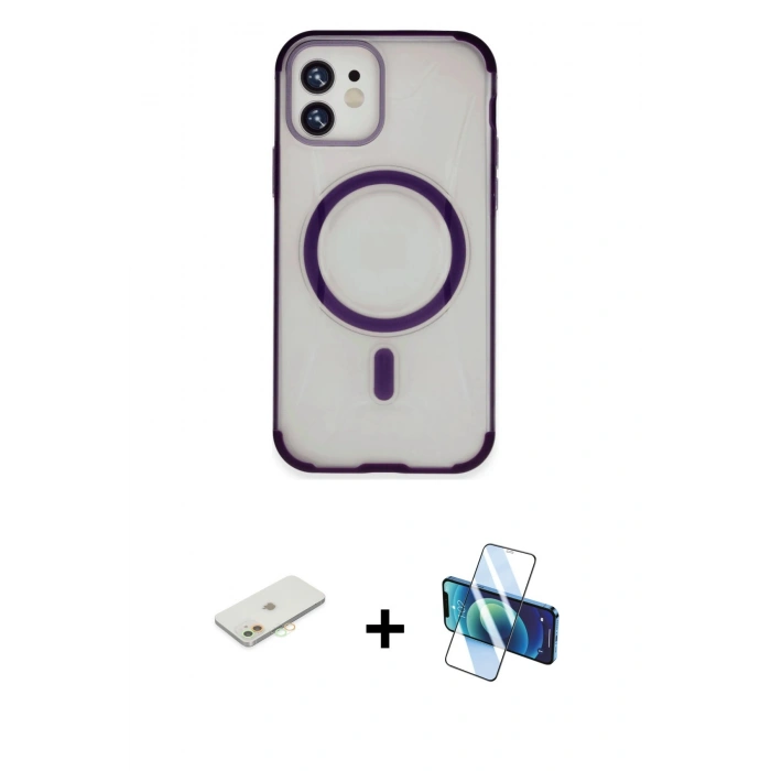 MARSİLYAN™- iPhone 11 Kılıf Eksen Klasik Koleksiyonu - Siyah 3D Antistatik Seramik Nano Ekran Koruyucu + Renkli Kamera Lens Koruma Cam - TU