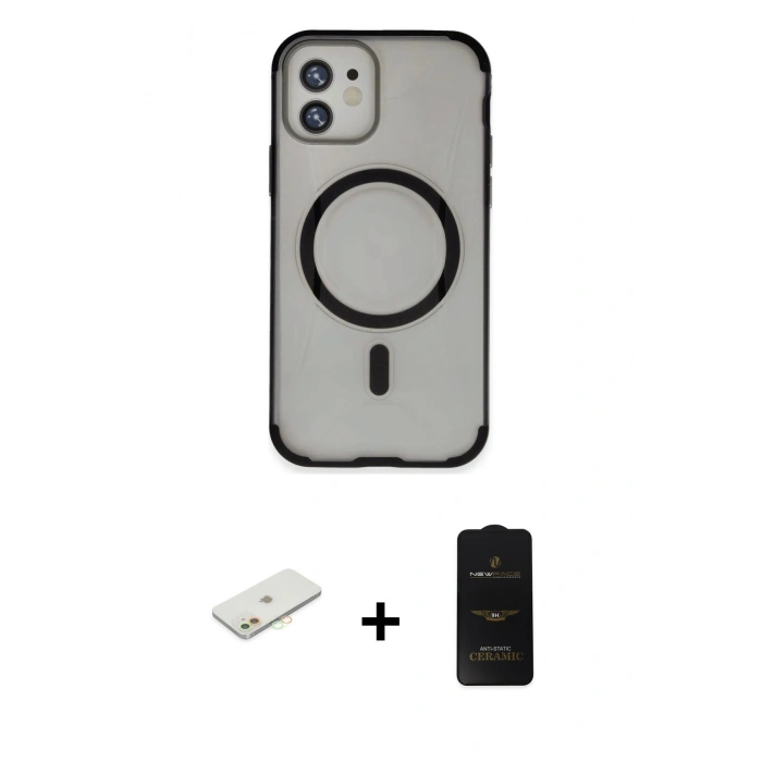 MARSİLYAN™- iPhone 11 Kılıf Eksen Klasik Koleksiyonu - Siyah 6D Antistatik Mat Seramik Hayalet Nano Ekran Koruyucu + Renkli Kamera Lens Koruma Cam - TU