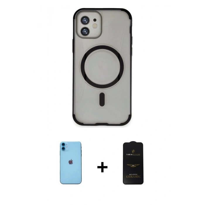 MARSİLYAN™- iPhone 11 Kılıf Eksen Klasik Koleksiyonu - Siyah 6D Antistatik Mat Seramik Hayalet Nano Ekran Koruyucu + Neon Fosforlu Kamera Lens - MI