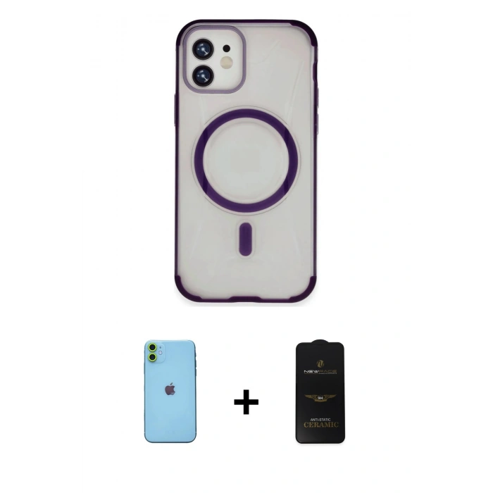 MARSİLYAN™- iPhone 11 Kılıf Eksen Klasik Koleksiyonu - Siyah 6D Antistatik Mat Seramik Hayalet Nano Ekran Koruyucu + Neon Fosforlu Kamera Lens - YL