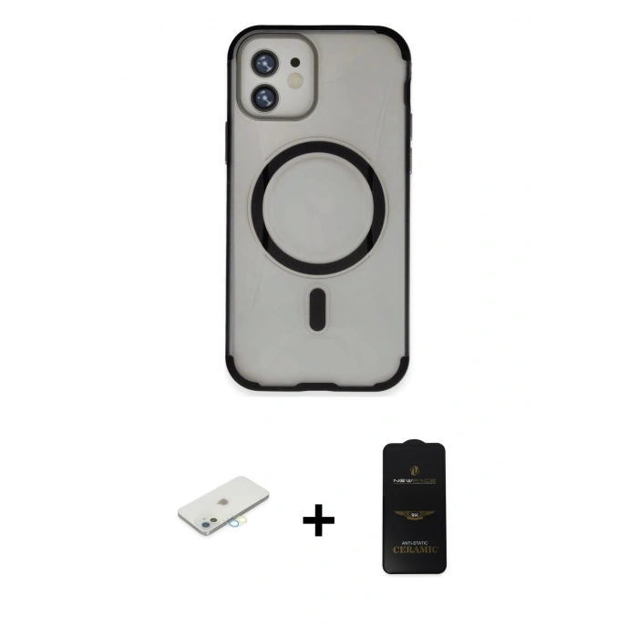 MARSİLYAN™- iPhone 11 Kılıf Eksen Klasik Koleksiyonu - Siyah 6D Antistatik Mat Seramik Hayalet Nano Ekran Koruyucu + Renkli Kamera Lens Koruma Cam - SI