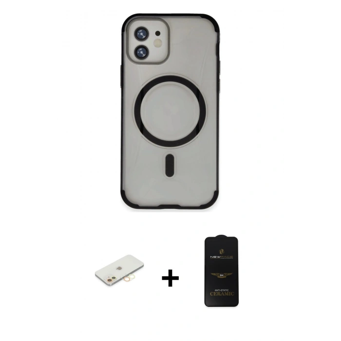 MARSİLYAN™- iPhone 11 Kılıf Eksen Klasik Koleksiyonu - Siyah 6D Antistatik Mat Seramik Hayalet Nano Ekran Koruyucu + Renkli Kamera Lens Koruma Cam - SI