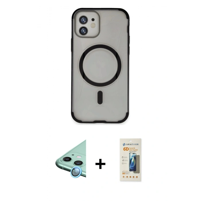 MARSİLYAN™- iPhone 11 Kılıf Eksen Klasik Koleksiyonu - Siyah 6D Mat Seramik Hayalet Nano Ekran Koruyucu + Raze Metal Kamera Lens - MI