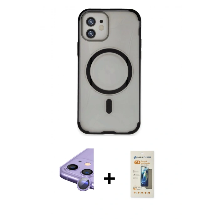 MARSİLYAN™- iPhone 11 Kılıf Eksen Klasik Koleksiyonu - Siyah 6D Mat Seramik Hayalet Nano Ekran Koruyucu + Raze Metal Kamera Lens - MR