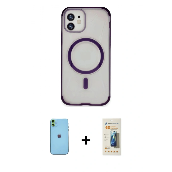 MARSİLYAN™- iPhone 11 Kılıf Eksen Klasik Koleksiyonu - Siyah 6D Mat Seramik Hayalet Nano Ekran Koruyucu + Neon Fosforlu Kamera Lens - YL