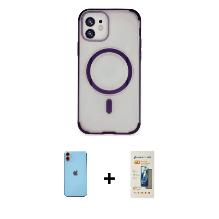 MARSİLYAN™- iPhone 11 Kılıf Eksen Klasik Koleksiyonu - Siyah 6D Mat Seramik Hayalet Nano Ekran Koruyucu + Neon Fosforlu Kamera Lens - TU