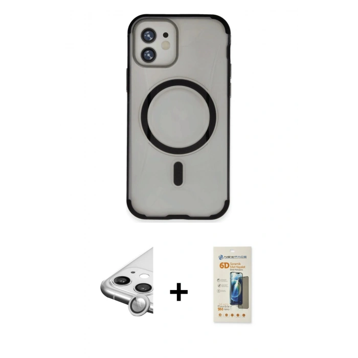 MARSİLYAN™- iPhone 11 Kılıf Eksen Klasik Koleksiyonu - Siyah 6D Mat Seramik Hayalet Nano Ekran Koruyucu + Raze Metal Kamera Lens - GS