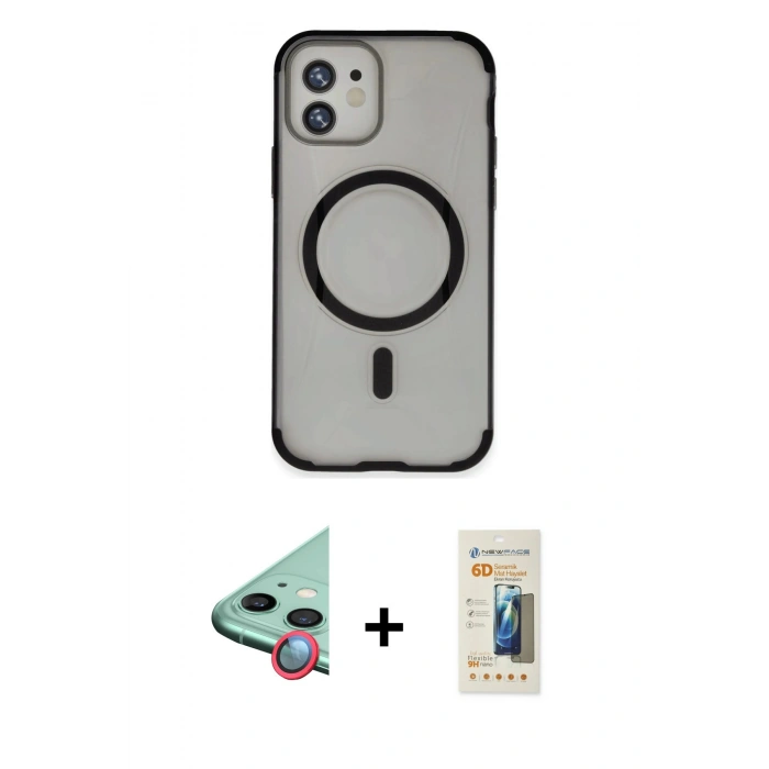 MARSİLYAN™- iPhone 11 Kılıf Eksen Klasik Koleksiyonu - Siyah 6D Mat Seramik Hayalet Nano Ekran Koruyucu + Raze Metal Kamera Lens - KI