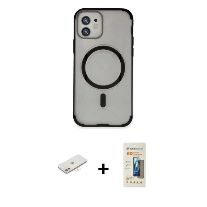 MARSİLYAN™- iPhone 11 Kılıf Eksen Klasik Koleksiyonu - Siyah 6D Mat Seramik Hayalet Nano Ekran Koruyucu + Renkli Kamera Lens Koruma Cam - YL