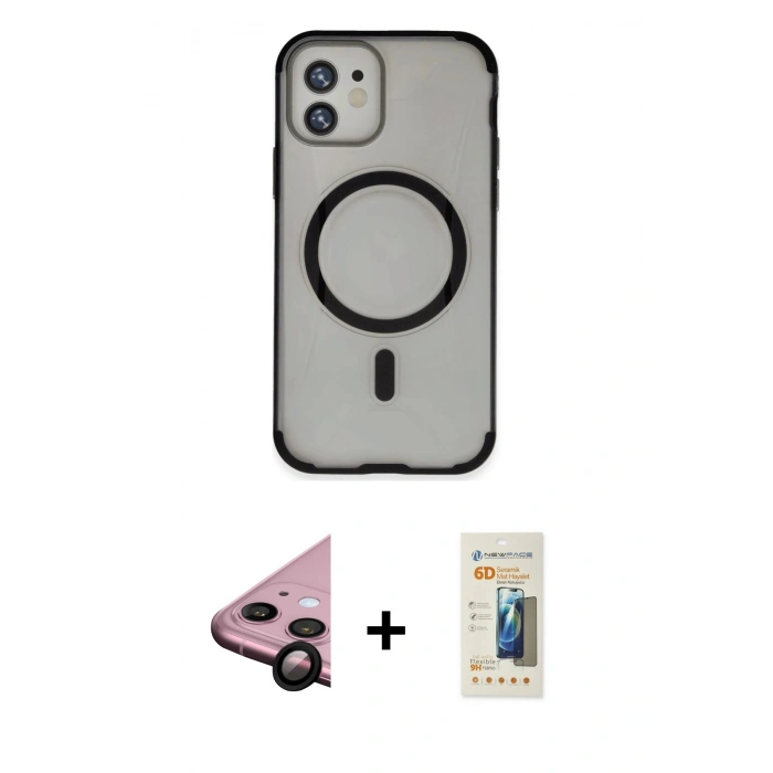 MARSİLYAN™- iPhone 11 Kılıf Eksen Klasik Koleksiyonu - Siyah 6D Mat Seramik Hayalet Nano Ekran Koruyucu + Raze Metal Kamera Lens - SH