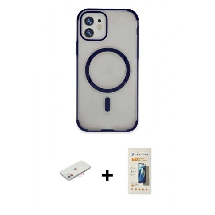 MARSİLYAN™- iPhone 11 Kılıf Eksen Klasik Koleksiyonu - Siyah 6D Mat Seramik Hayalet Nano Ekran Koruyucu + Renkli Kamera Lens Koruma Cam - PE