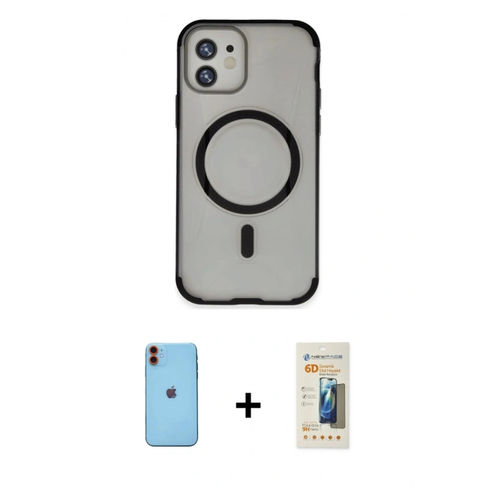 MARSİLYAN™- iPhone 11 Kılıf Eksen Klasik Koleksiyonu - Siyah 6D Mat Seramik Hayalet Nano Ekran Koruyucu + Neon Fosforlu Kamera Lens - TU