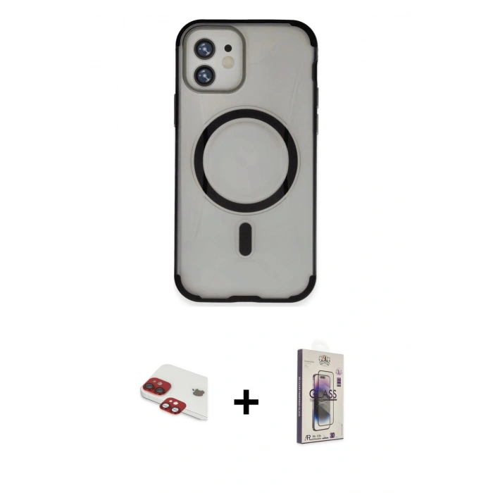 MARSİLYAN™- iPhone 11 Kılıf Eksen Klasik Koleksiyonu - Siyah Bilvis 3D Cam Ekran Koruyucu + Pers Alüminyum Kamera Lens - KI