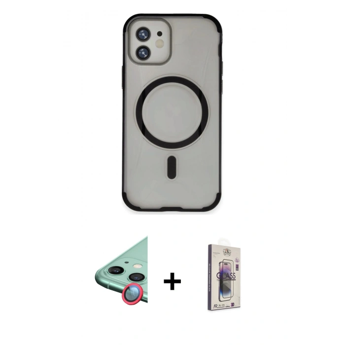 MARSİLYAN™- iPhone 11 Kılıf Eksen Klasik Koleksiyonu - Siyah Bilvis 3D Cam Ekran Koruyucu + Raze Metal Kamera Lens - KI