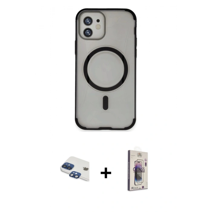 MARSİLYAN™- iPhone 11 Kılıf Eksen Klasik Koleksiyonu - Siyah Bilvis 3D Cam Ekran Koruyucu + Pers Alüminyum Kamera Lens - LT