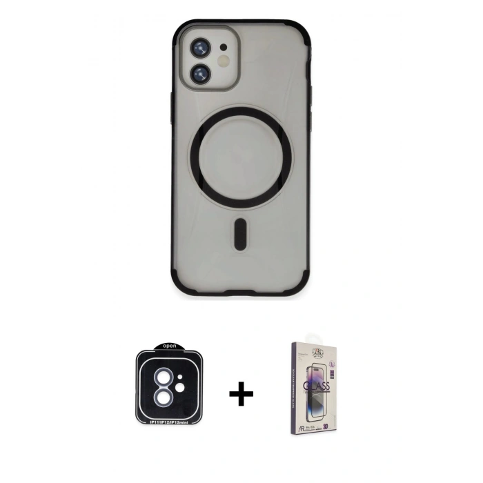 MARSİLYAN™- iPhone 11 Kılıf Eksen Klasik Koleksiyonu - Siyah Bilvis 3D Cam Ekran Koruyucu + PVD Metal Kamera Lens - MI