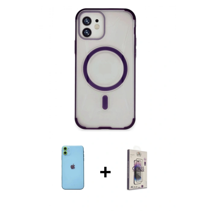 MARSİLYAN™- iPhone 11 Kılıf Eksen Klasik Koleksiyonu - Siyah Bilvis 3D Cam Ekran Koruyucu + Neon Fosforlu Kamera Lens - YL