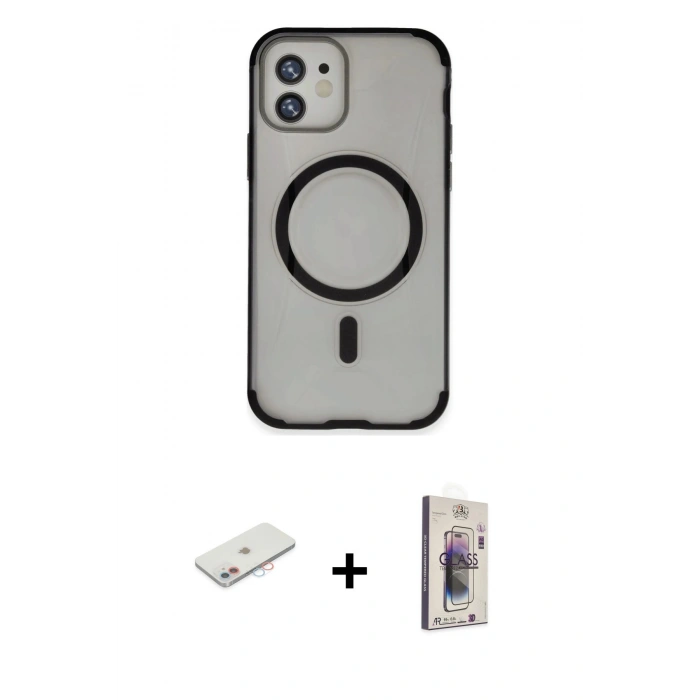 MARSİLYAN™- iPhone 11 Kılıf Eksen Klasik Koleksiyonu - Siyah Bilvis 3D Cam Ekran Koruyucu + Renkli Kamera Lens Koruma Cam - PE