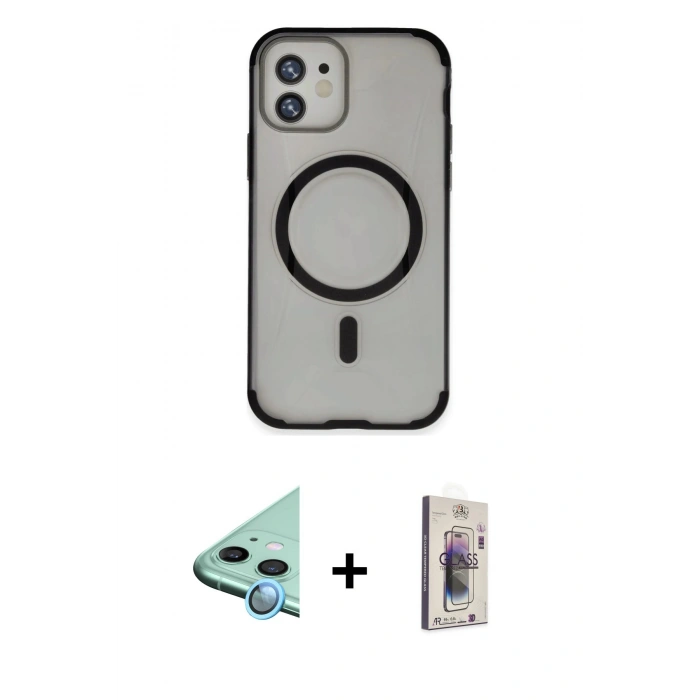 MARSİLYAN™- iPhone 11 Kılıf Eksen Klasik Koleksiyonu - Siyah Bilvis 3D Cam Ekran Koruyucu + Raze Metal Kamera Lens - MI