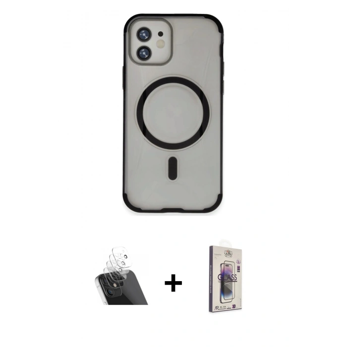 MARSİLYAN™- iPhone 11 Kılıf Eksen Klasik Koleksiyonu - Siyah Bilvis 3D Cam Ekran Koruyucu + Şeffaf Kamera Lens Koruma Cam