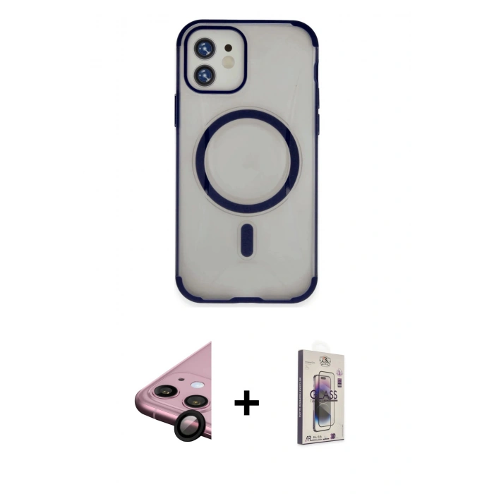MARSİLYAN™- iPhone 11 Kılıf Eksen Klasik Koleksiyonu - Siyah Bilvis 3D Cam Ekran Koruyucu + Raze Metal Kamera Lens - SH