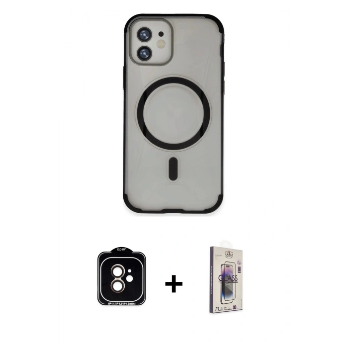 MARSİLYAN™- iPhone 11 Kılıf Eksen Klasik Koleksiyonu - Siyah Bilvis 3D Cam Ekran Koruyucu + PVD Metal Kamera Lens - TU