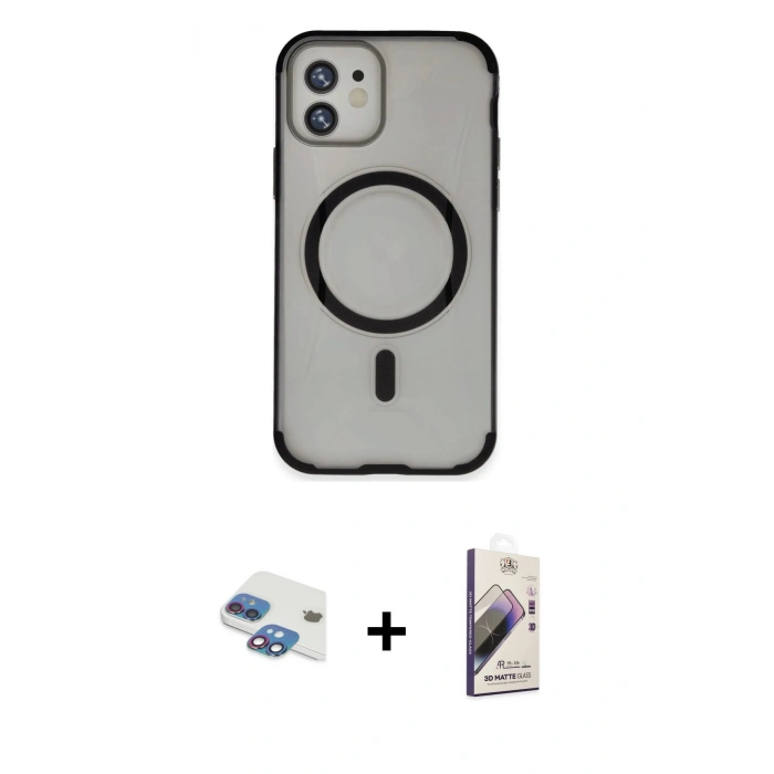 MARSİLYAN™- iPhone 11 Kılıf Eksen Klasik Koleksiyonu - Siyah Bilvis 3D Mat Cam Ekran Koruyucu + Pers Alüminyum Kamera Lens - GI