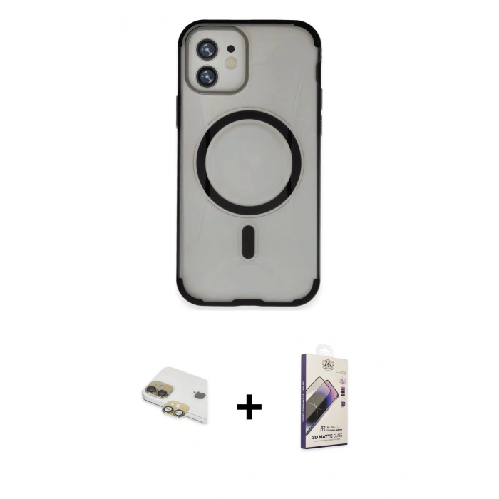 MARSİLYAN™- iPhone 11 Kılıf Eksen Klasik Koleksiyonu - Siyah Bilvis 3D Mat Cam Ekran Koruyucu + Pers Alüminyum Kamera Lens - GD
