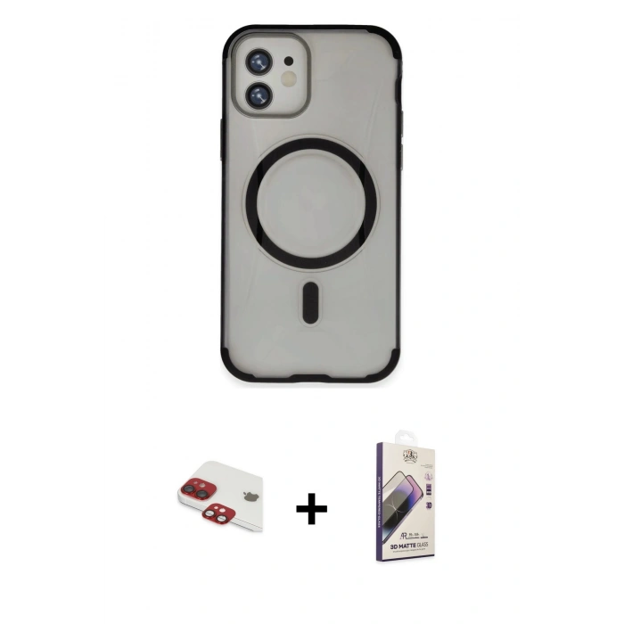 MARSİLYAN™- iPhone 11 Kılıf Eksen Klasik Koleksiyonu - Siyah Bilvis 3D Mat Cam Ekran Koruyucu + Pers Alüminyum Kamera Lens - KI