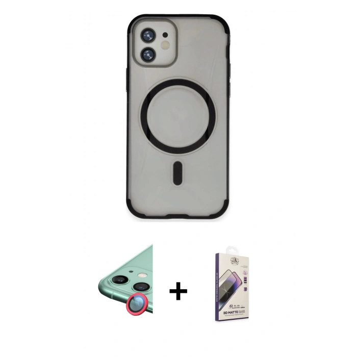 MARSİLYAN™- iPhone 11 Kılıf Eksen Klasik Koleksiyonu - Siyah Bilvis 3D Mat Cam Ekran Koruyucu + Raze Metal Kamera Lens - KI