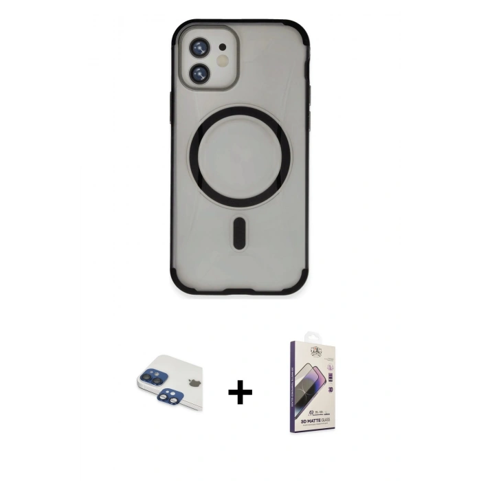MARSİLYAN™- iPhone 11 Kılıf Eksen Klasik Koleksiyonu - Siyah Bilvis 3D Mat Cam Ekran Koruyucu + Pers Alüminyum Kamera Lens - LT
