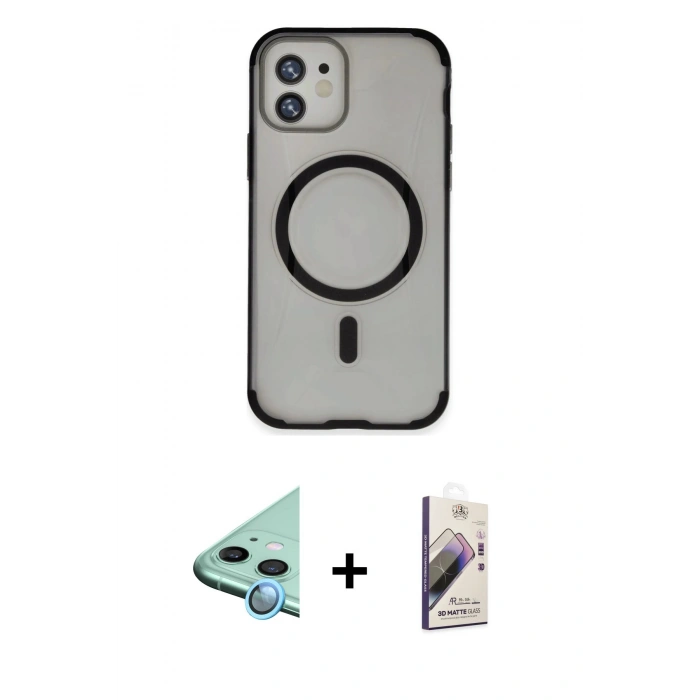 MARSİLYAN™- iPhone 11 Kılıf Eksen Klasik Koleksiyonu - Siyah Bilvis 3D Mat Cam Ekran Koruyucu + Raze Metal Kamera Lens - MI