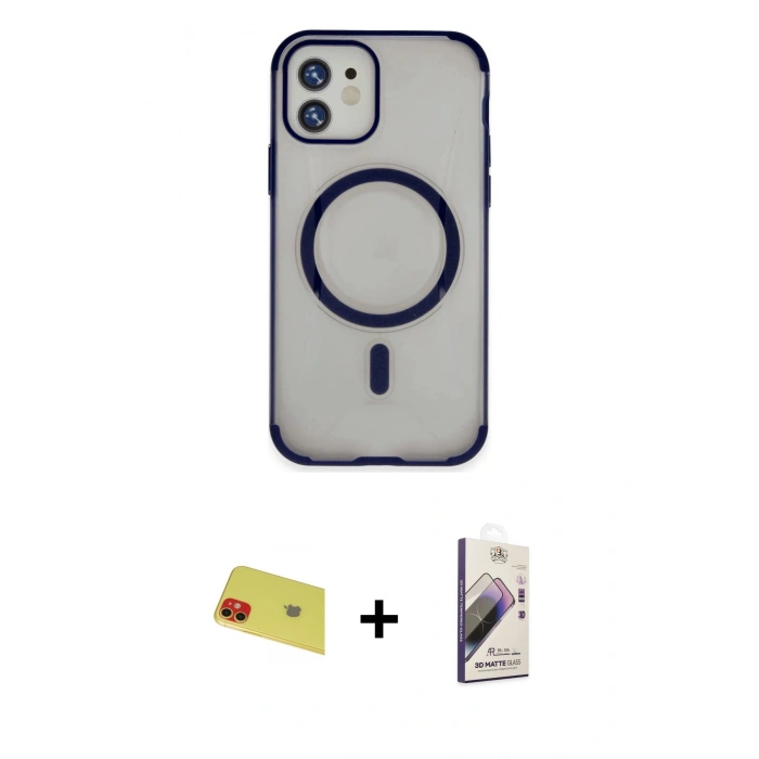 MARSİLYAN™- iPhone 11 Kılıf Eksen Klasik Koleksiyonu - Siyah Bilvis 3D Mat Cam Ekran Koruyucu + Rainbow Kamera Lens Koruma Cam - KI