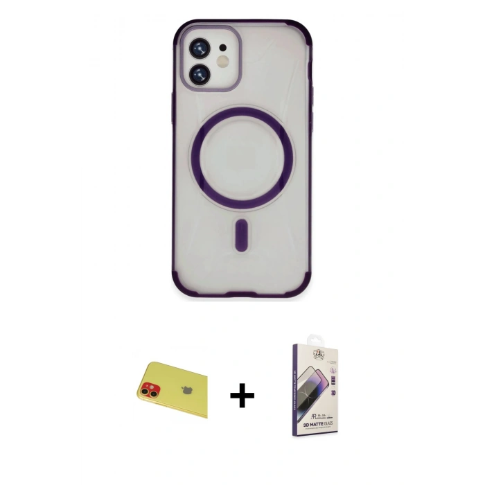 MARSİLYAN™- iPhone 11 Kılıf Eksen Klasik Koleksiyonu - Siyah Bilvis 3D Mat Cam Ekran Koruyucu + Rainbow Kamera Lens Koruma Cam - KI