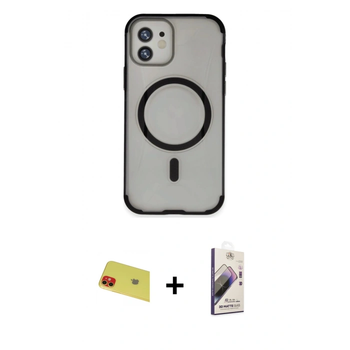 MARSİLYAN™- iPhone 11 Kılıf Eksen Klasik Koleksiyonu - Siyah Bilvis 3D Mat Cam Ekran Koruyucu + Rainbow Kamera Lens Koruma Cam - KI