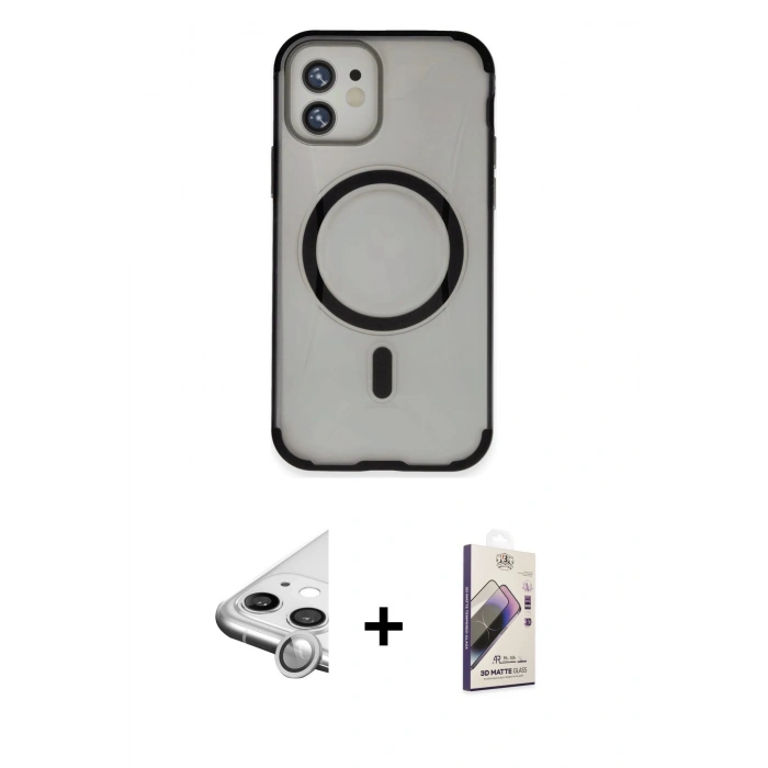 MARSİLYAN™- iPhone 11 Kılıf Eksen Klasik Koleksiyonu - Siyah Bilvis 3D Mat Cam Ekran Koruyucu + Raze Metal Kamera Lens - GS