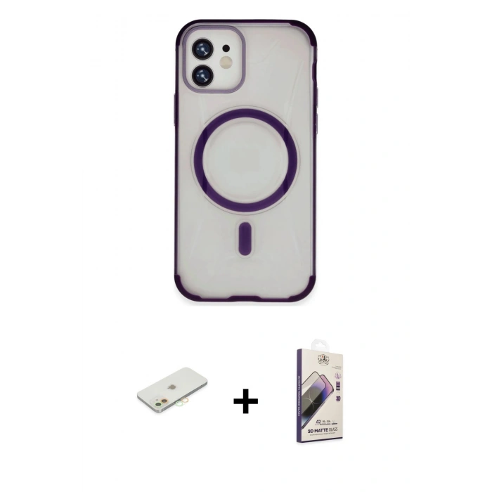 MARSİLYAN™- iPhone 11 Kılıf Eksen Klasik Koleksiyonu - Siyah Bilvis 3D Mat Cam Ekran Koruyucu + Renkli Kamera Lens Koruma Cam - TU