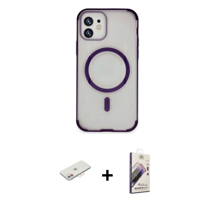 MARSİLYAN™- iPhone 11 Kılıf Eksen Klasik Koleksiyonu - Siyah Bilvis 3D Mat Cam Ekran Koruyucu + Renkli Kamera Lens Koruma Cam - PE