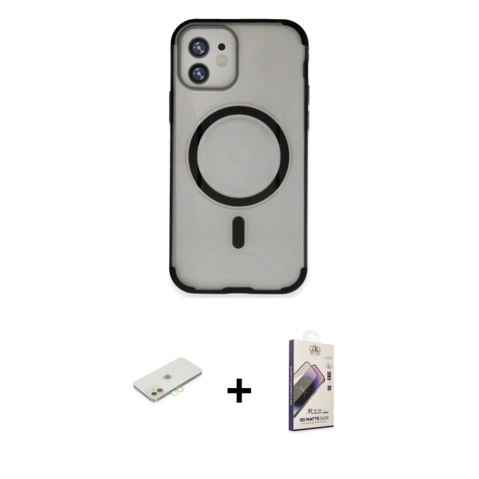 MARSİLYAN™- iPhone 11 Kılıf Eksen Klasik Koleksiyonu - Siyah Bilvis 3D Mat Cam Ekran Koruyucu + Renkli Kamera Lens Koruma Cam - TU
