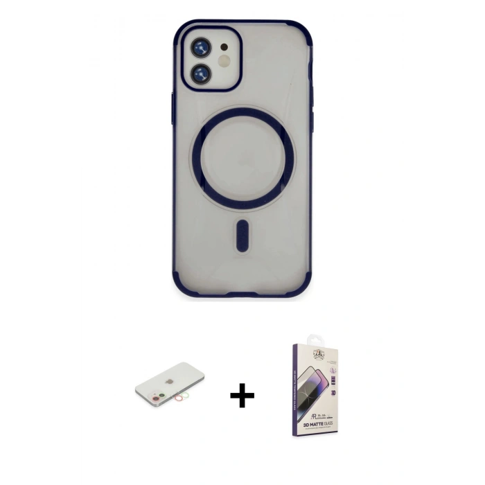 MARSİLYAN™- iPhone 11 Kılıf Eksen Klasik Koleksiyonu - Siyah Bilvis 3D Mat Cam Ekran Koruyucu + Renkli Kamera Lens Koruma Cam - YL