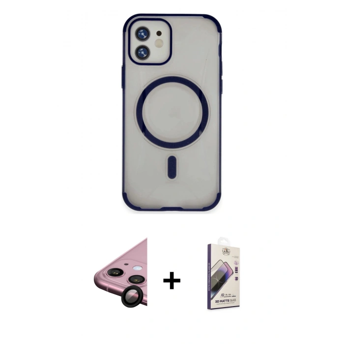 MARSİLYAN™- iPhone 11 Kılıf Eksen Klasik Koleksiyonu - Siyah Bilvis 3D Mat Cam Ekran Koruyucu + Raze Metal Kamera Lens - SH