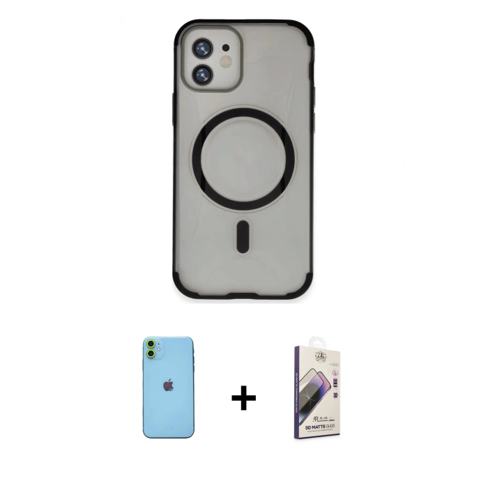 MARSİLYAN™- iPhone 11 Kılıf Eksen Klasik Koleksiyonu - Siyah Bilvis 3D Mat Cam Ekran Koruyucu + Neon Fosforlu Kamera Lens - YL