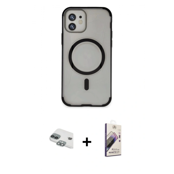 MARSİLYAN™- iPhone 11 Kılıf Eksen Klasik Koleksiyonu - Siyah Bilvis 3D Mat Cam Ekran Koruyucu + Pers Alüminyum Kamera Lens - YL