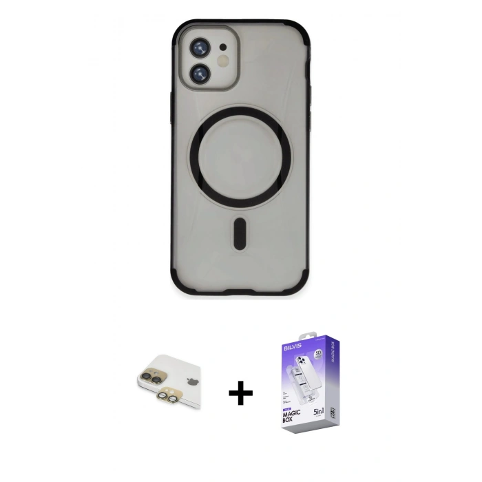 MARSİLYAN™- iPhone 11 Kılıf Eksen Klasik Koleksiyonu - Siyah Bilvis 5in1 3D Magic Cam Ekran Koruyucu + Pers Alüminyum Kamera Lens - GD