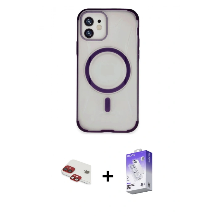 MARSİLYAN™- iPhone 11 Kılıf Eksen Klasik Koleksiyonu - Siyah Bilvis 5in1 3D Magic Cam Ekran Koruyucu + Kırmızı Pers Alüminyum Kamera Lens