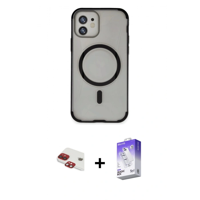 MARSİLYAN™- iPhone 11 Kılıf Eksen Klasik Koleksiyonu - Siyah Bilvis 5in1 3D Magic Cam Ekran Koruyucu + Kırmızı Pers Alüminyum Kamera Lens